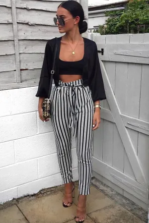 Black Stripe Paper Bag Tie Waist Cigarette Trousers - Shaya