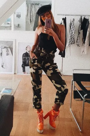 Camo Paper Bag Tie Waist Cigarette Trousers - Karmen