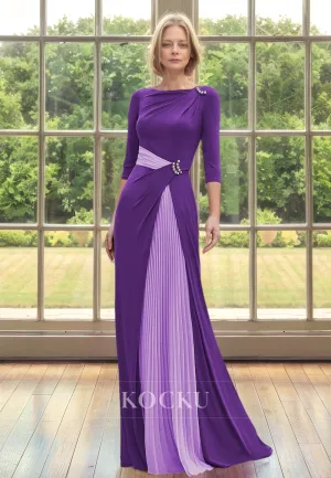 Classic&Timeless Scoop Neck Three Quarter Sleeves Sheath Cocktail Dress Pleats Satin Mother of Bride with Beads