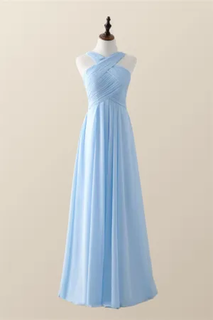 Cross Front Light Sky Blue Chiffon Long Bridesmaid Dress