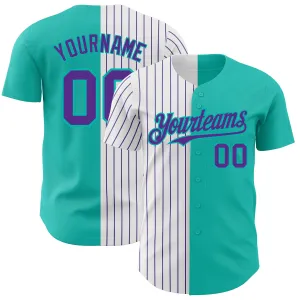 Custom Aqua White-Purple Pinstripe Authentic Split Fashion Baseball Jersey