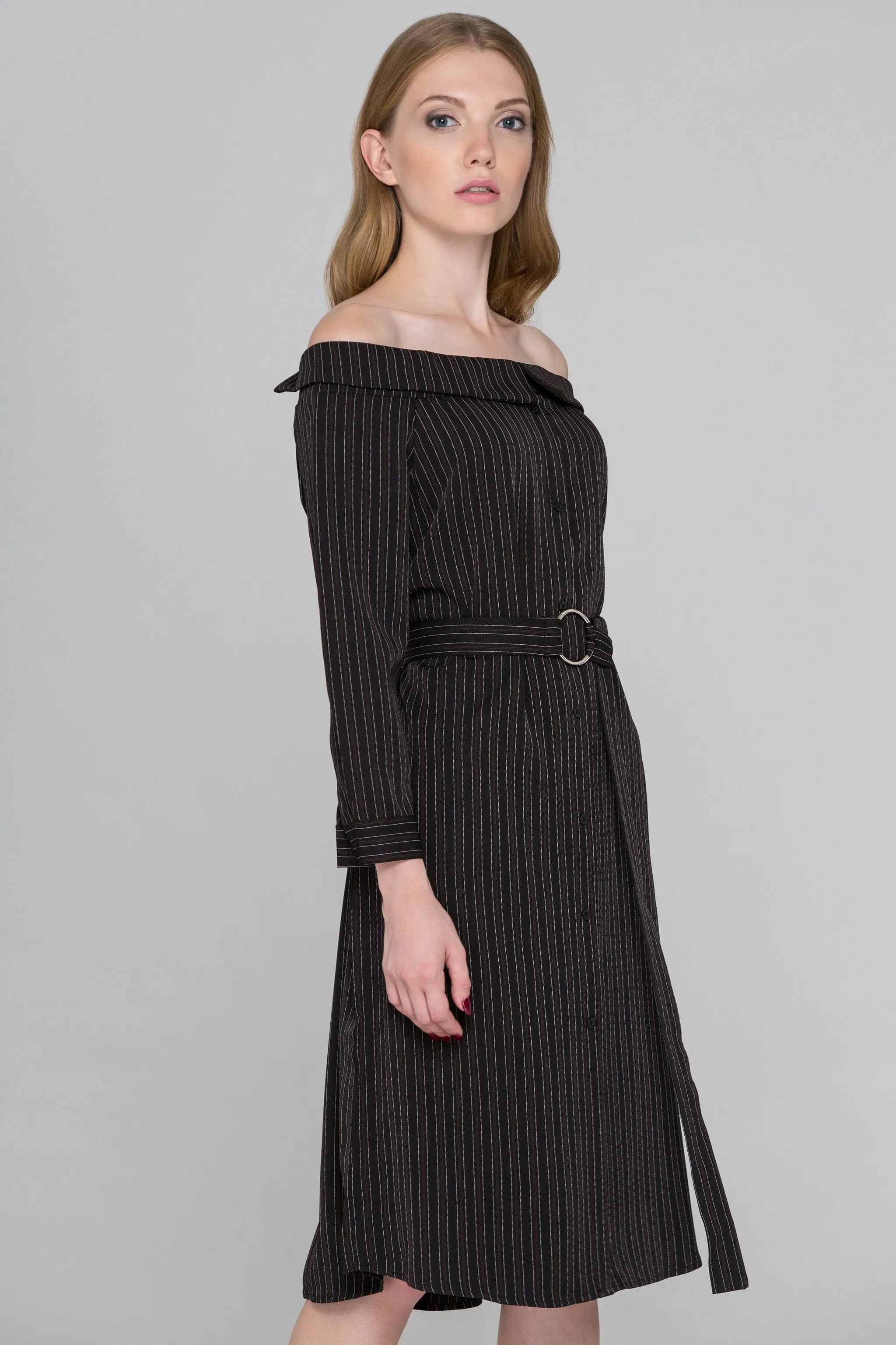 Dark Brown Pin Striped Off-the-Shoulder Midi Dress