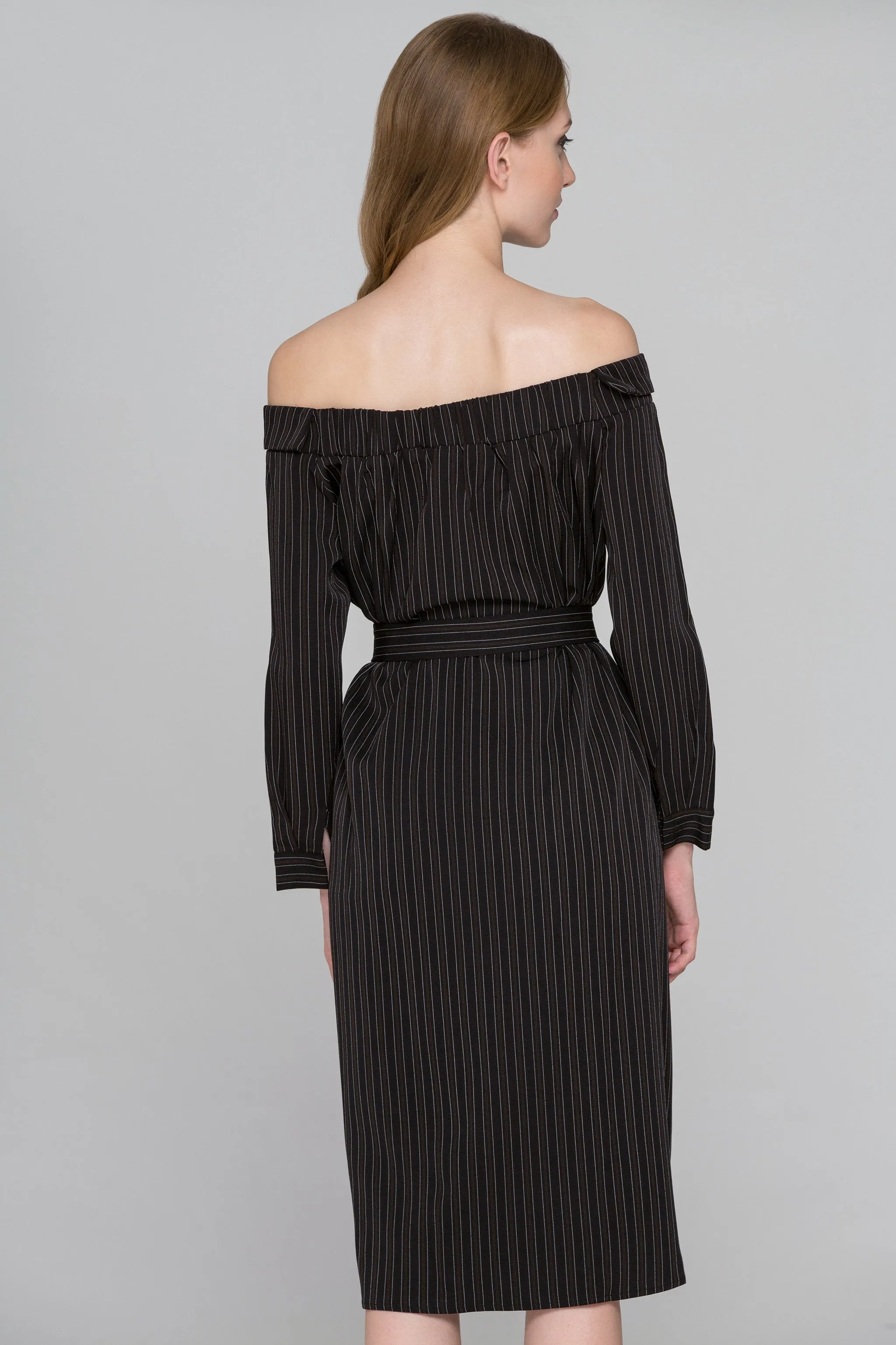 Dark Brown Pin Striped Off-the-Shoulder Midi Dress