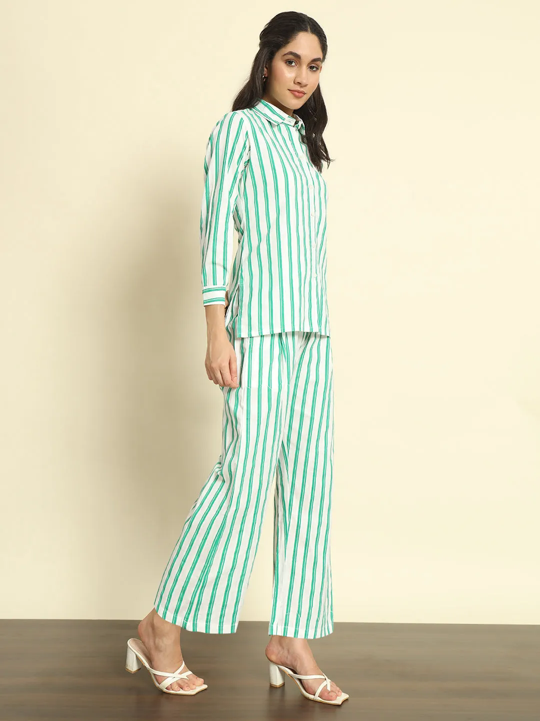 Green Striped Linen Co-ords