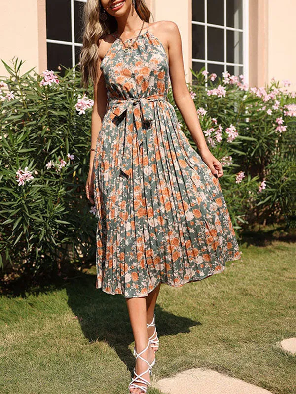 Halter Neck Floral Pleated Mini Dress