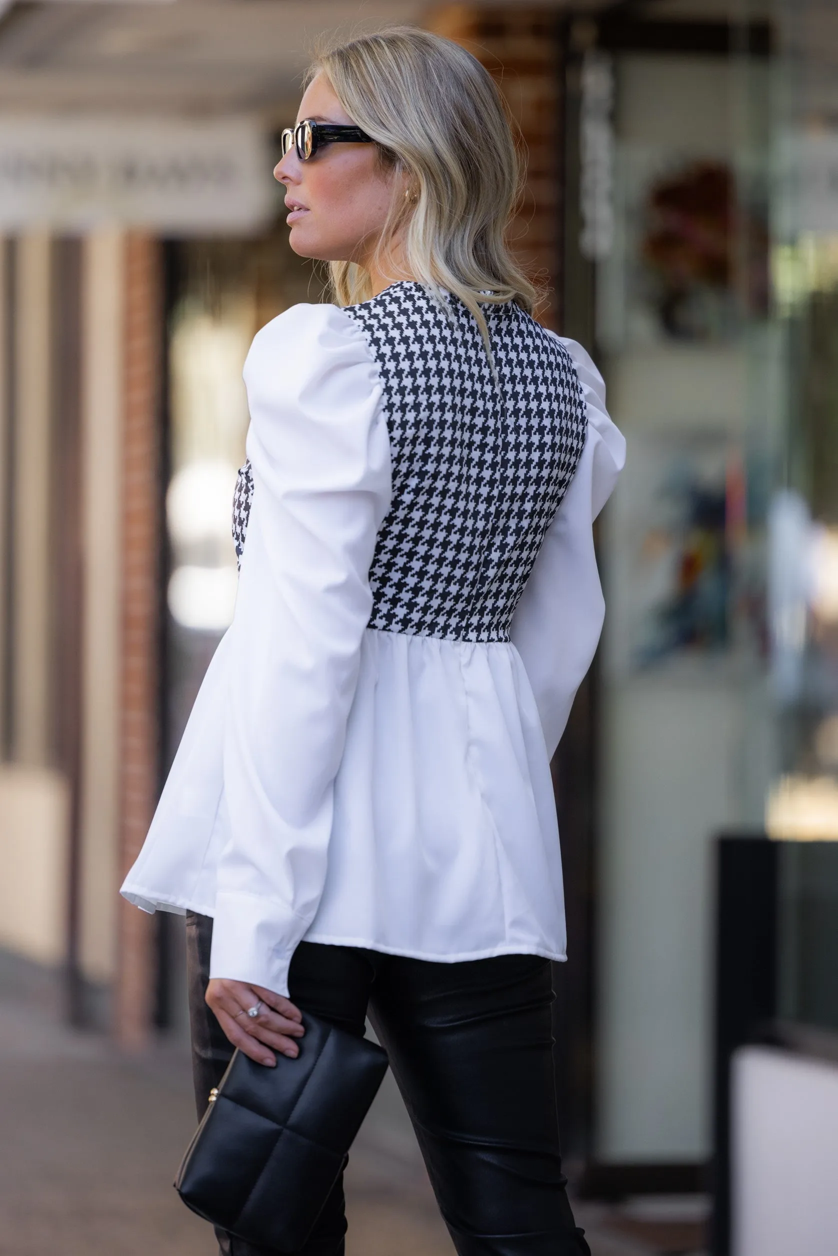 Houndstooth Pleated Puff Sleeve Blouse