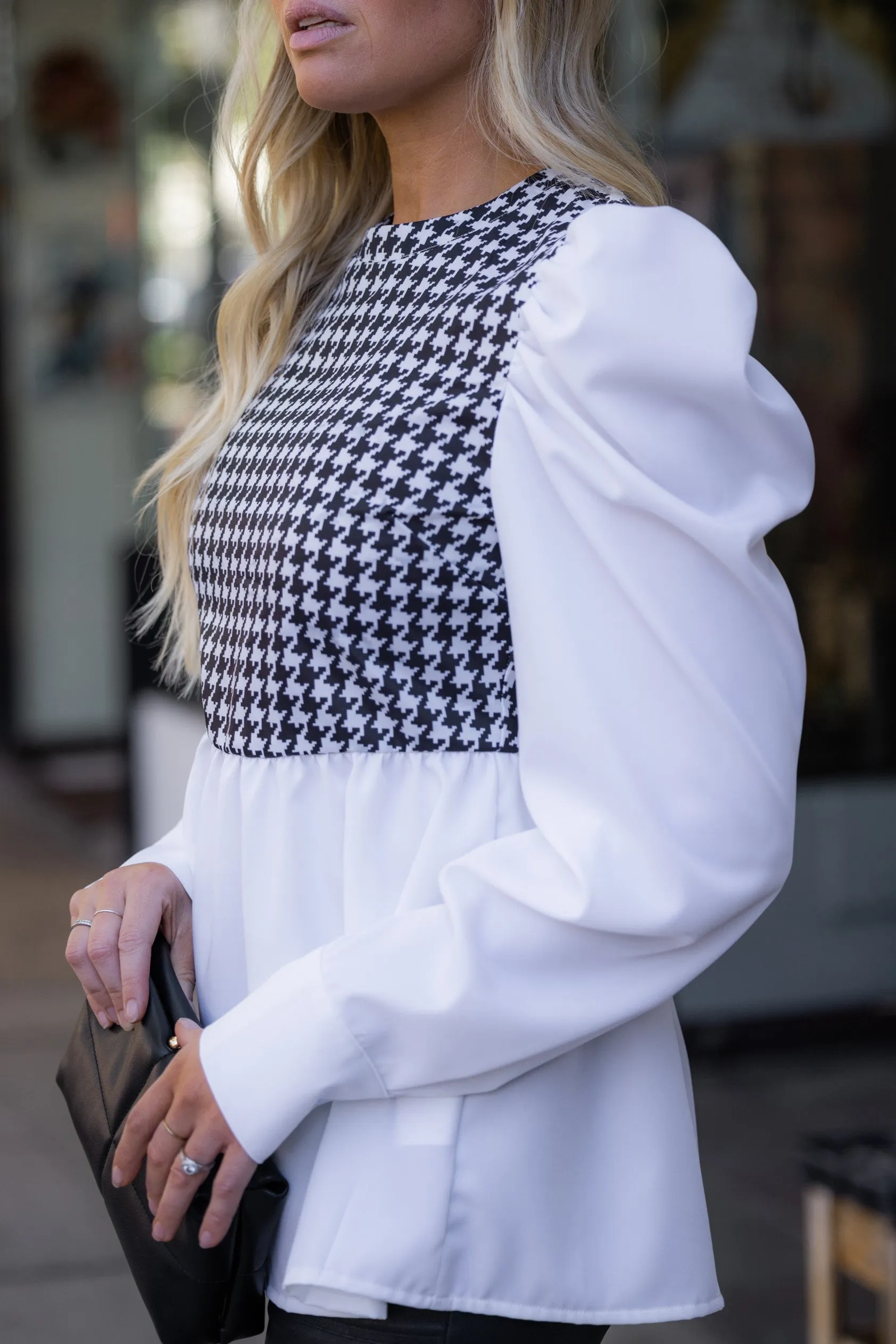 Houndstooth Pleated Puff Sleeve Blouse