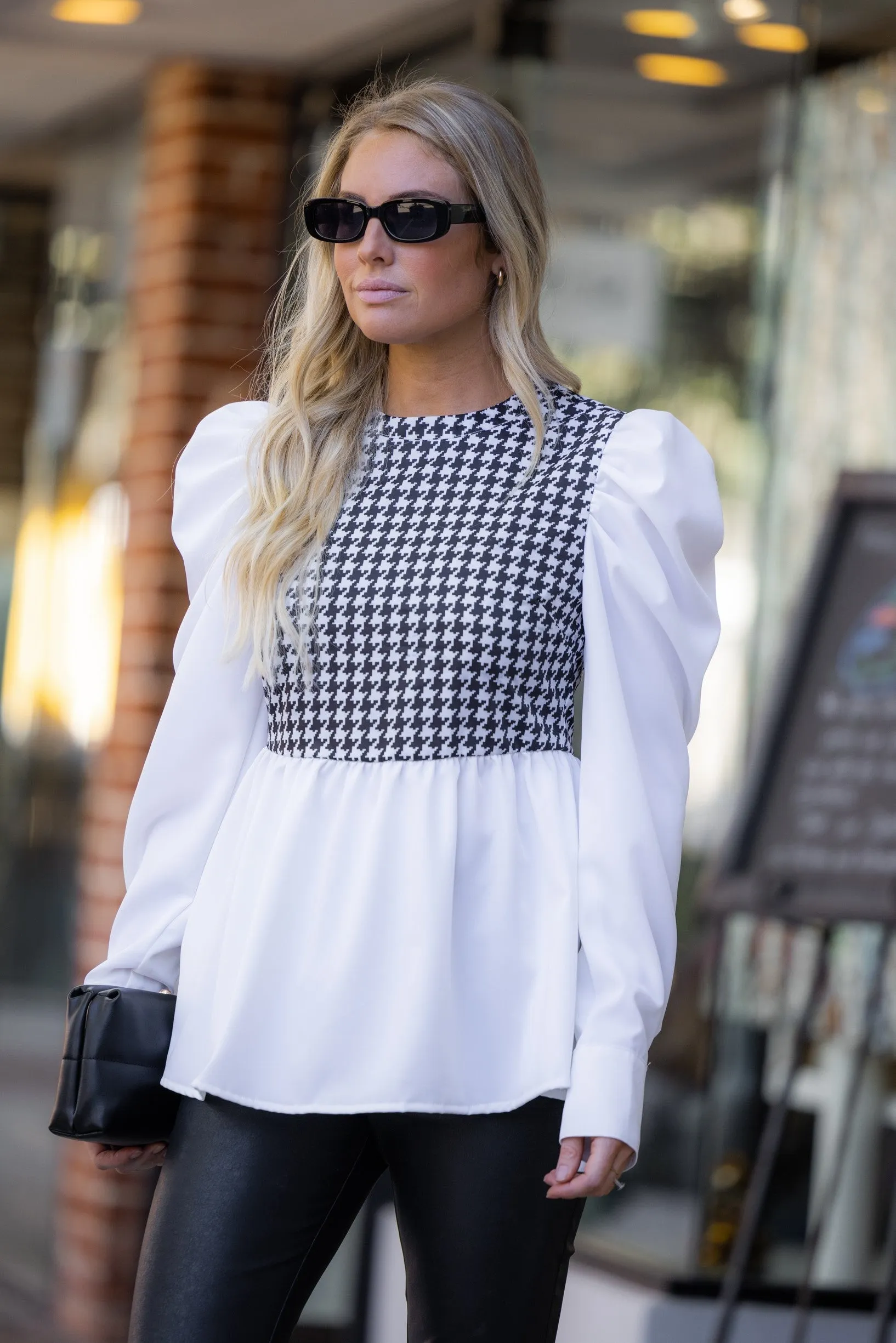 Houndstooth Pleated Puff Sleeve Blouse