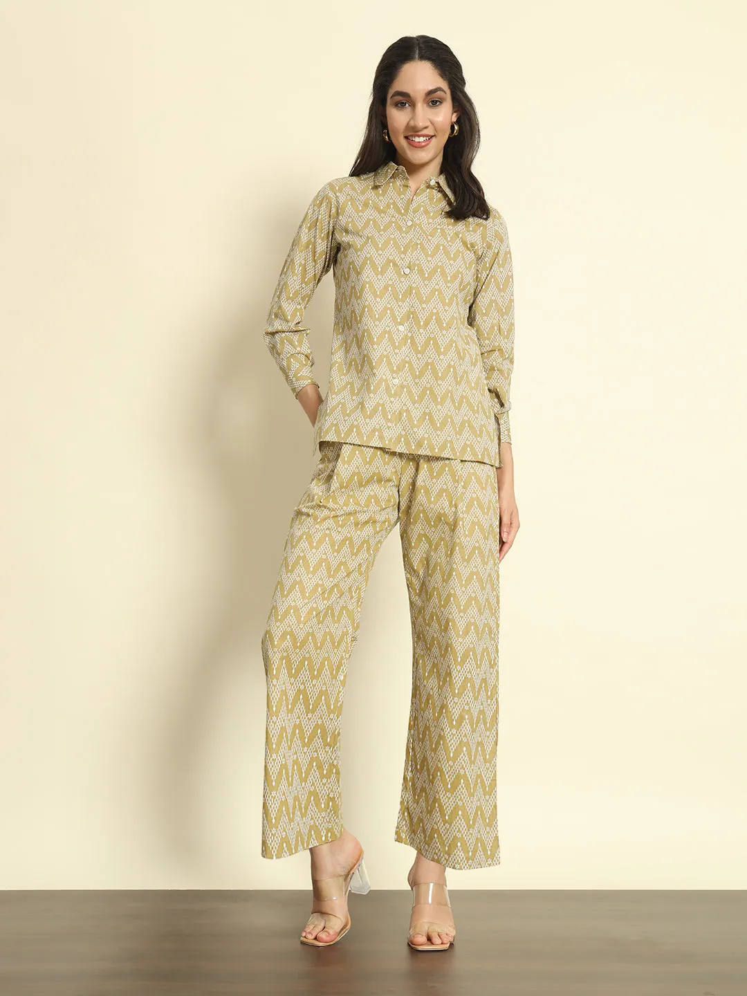 Khaki Zigzag Print Linen Co-ords