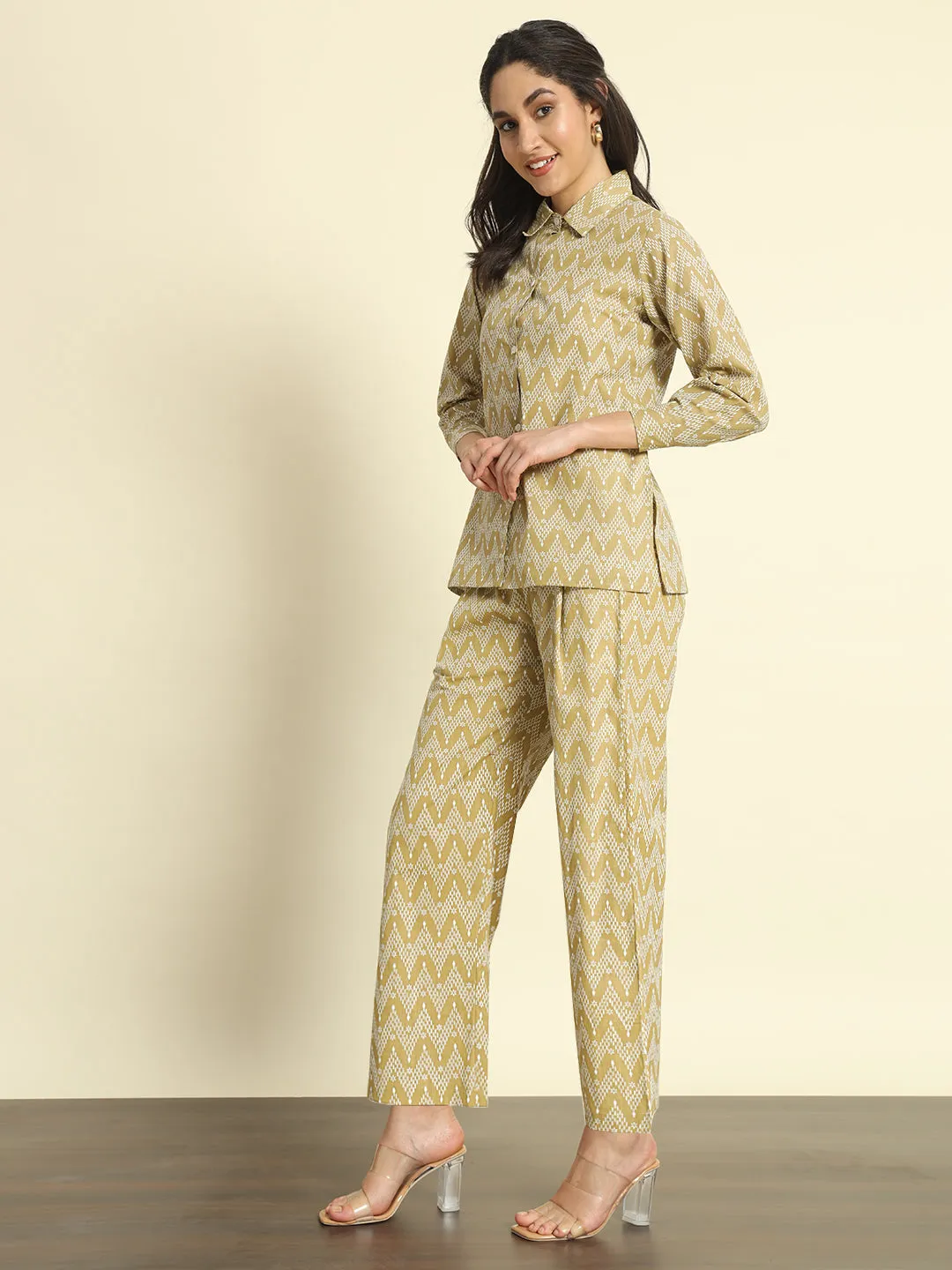 Khaki Zigzag Print Linen Co-ords