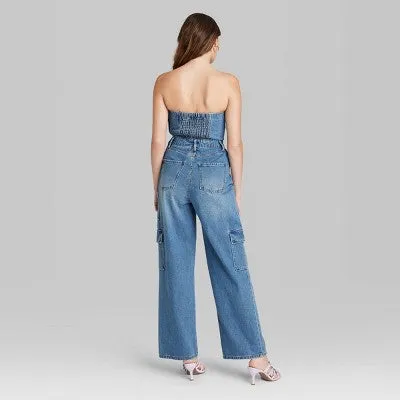 New - Wild Fable Women's Tube Cargo Denim Jumpsuit Bandeau Strapless Off-The-Shoulder