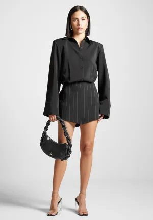 Pinstripe Skirt Shirt Dress - Black