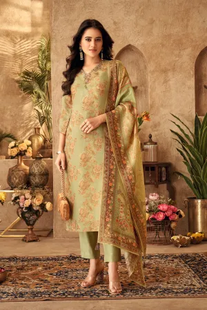 Pista Green Floral Printed Dola Silk Kurta Pants Set