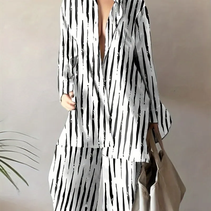 Plus Size Abstract Stripe Print Two-Piece Set - Button Up Long Sleeve Lapel Collar Shirt Top & High Rise Wide Leg Pant Ensemble for Casual Elegance