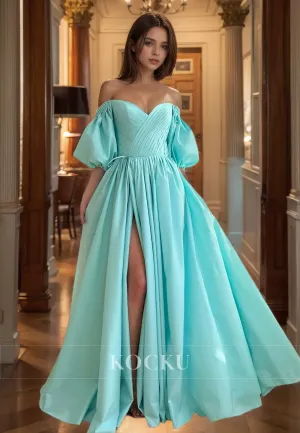 Puff Sleeves A-Line Sweetheart Floor-Length Ruched Satin Prom Dress Evening Gown with High Split