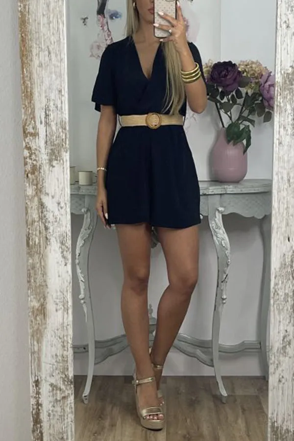 Raffia Belt V-Neck Puff Sleeve Playsuit