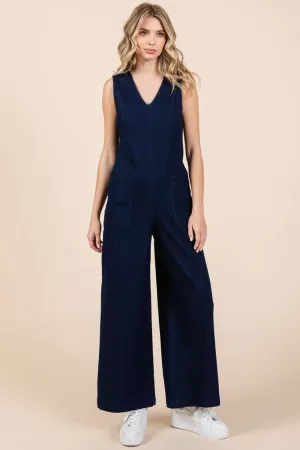 Sleeveless Wide Leg Denim Jumpsuit