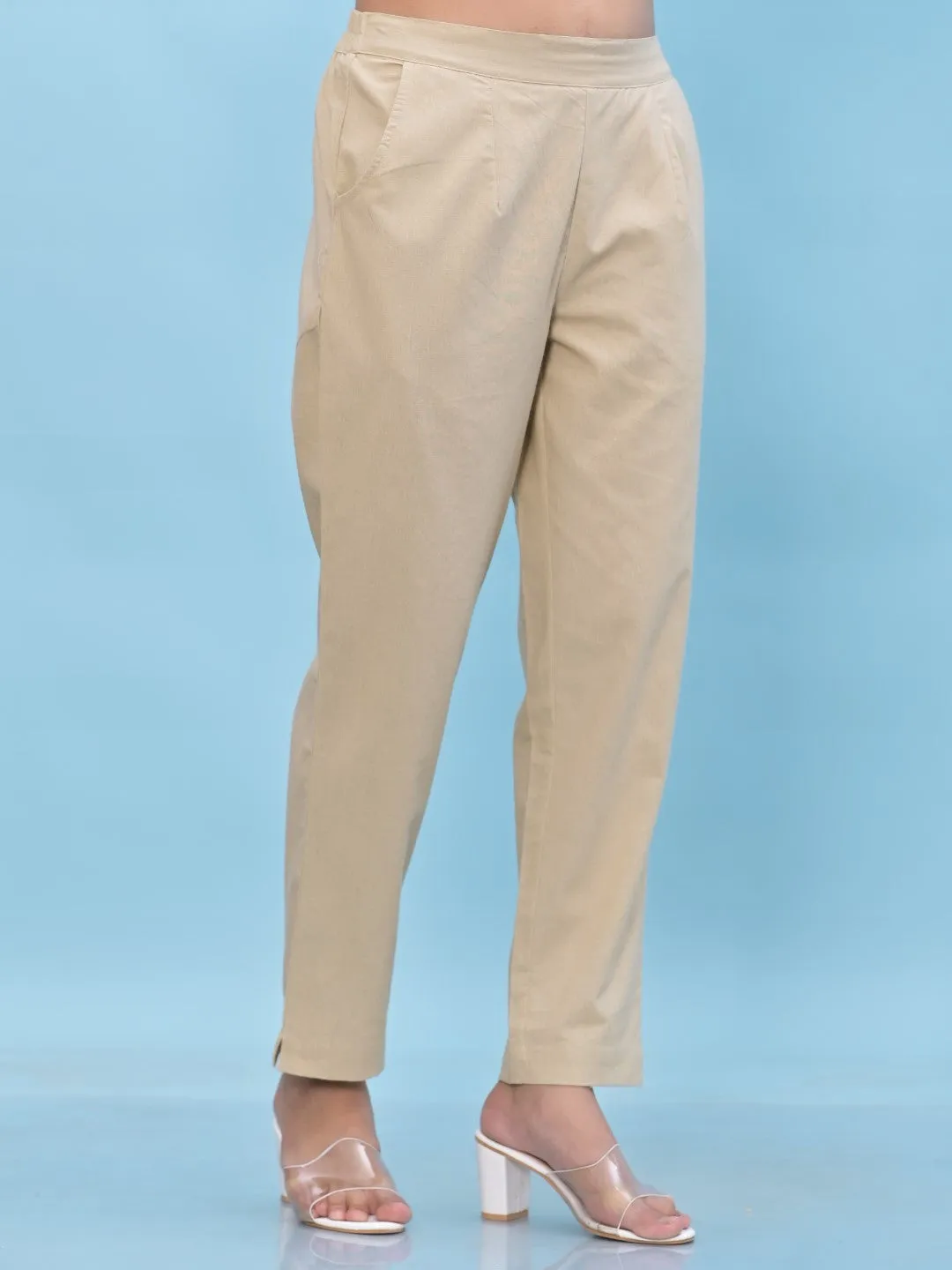 Women Beige Solid Cotton Pants With Partially Elasticated Waistband And Two Side Pockets