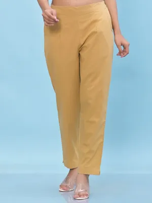 Women Gold Solid Cotton Pants With Partially Elasticated Waistband And Two Side Pockets